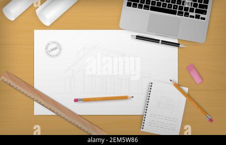 Realistic construction background with under construction headline and different equipment on front side vector illustration Stock Vector