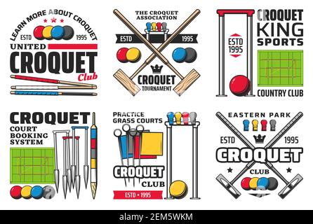 Croquet sport icons with vector balls, mallets, hoops and wickets, scoring posts, centre pegs, corner flags and colorful clips on green play fields or Stock Vector