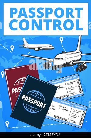 Passport control airport service. Vector card with airplanes flying in sky with Gps navigation pins, flight tickets and foreign passports, internation Stock Vector