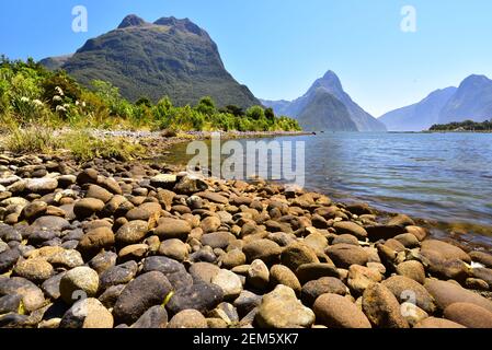 Mitre Peak reflecting on calm water surface in Milford Sound - Piopiotahi, Fiordland, Nez Zealand Stock Photo