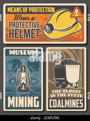 Coal mining retro posters. Miners equipment helmet with kerosine lamp, crossed pickaxes and trolley with ore. Vector vintage mining industry cards. Co Stock Vector
