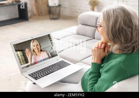 Back view on the laptop screen with a video call participant on it, two middle-aged women have a video meeting on the laptop. Senior lady talks online with an adult daughter, mid-age friend, coworker Stock Photo