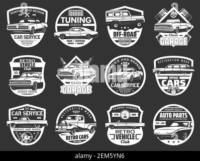Retro car vector icons of auto service, spare part shop and mechanic garage design. Vintage sedan, pickup and off road cars with wrench, spanner, vehi Stock Vector