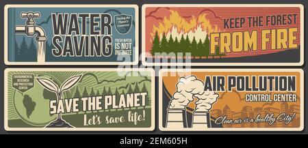 Ecology, nature and environment protection vector banners of Save Earth, air pollution, water saving and forest fire prevention concepts. Eco plant, g Stock Vector