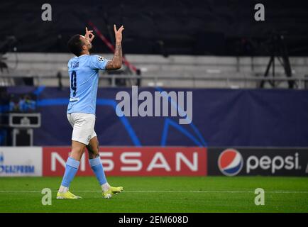 Budapest, Hungary. 24th Feb, 2021. Football: Champions League, Borussia Mönchengladbach - Manchester City, knockout round, round of 16, first leg at Puskas Arena. Manchester City's Gabriel Jesus celebrates the goal to make it 0:2. Credit: Marton Monus/dpa/Alamy Live News Stock Photo