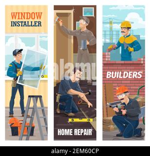 Window and laminate flooring installer, painter and builder workers on construction site. Man installing a window, painter renovating apartments, bric Stock Vector