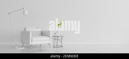 White concrete wall with white modern furniture, minimal interior design, 3d render, 3d illustration Stock Photo