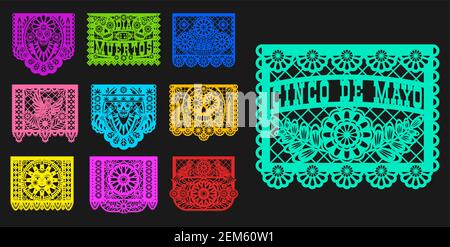 Mexican Day of Dead, papel picado isolated paper cutting flags templates. Vector traditional Mexico Dia de los muertos laser cutting decoration with f Stock Vector