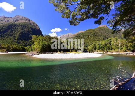 Milford track section along the Clinton River, New Zealand Stock Photo