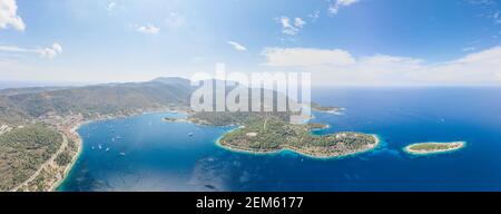 Aerial panoramic drone shot of Vis Island coastline in Adriatic sea in Croatia summer Stock Photo