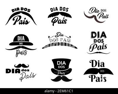Fathers day, Dia dos pais monochrome isolated vector icons set. Hipster mustache of different shapes bowl and cylinder hats. Vintage symbols for Fathe Stock Vector