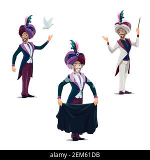 Circus magician performing tricks with cloth, magical wand and dove isolated vector icons. Big top illusionist in turban and tailcoat perform circus m Stock Vector