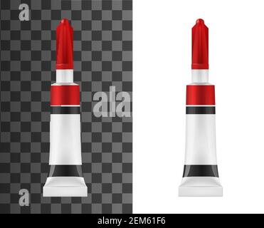 Super glue tube realistic vector mockup. Adhesive white package with red and black stripes, universal super glue in metal tube, container with long ti Stock Vector