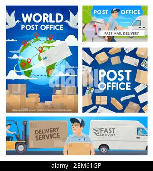 Post office and mail delivery poster with postman at work. Parcels or ...