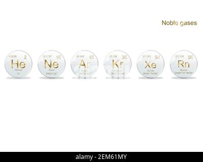 3D-Illustration, All Noble gases symbols - Elements of the periodic table on white ball with golden signs. Stock Photo