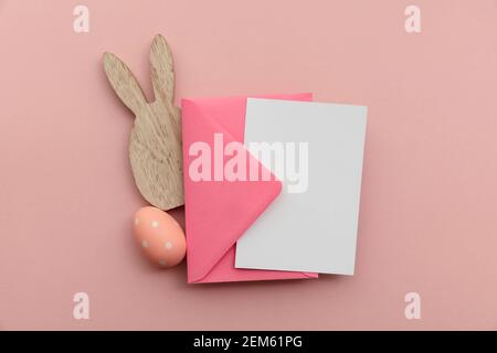 Easter blank card and envelope with easter bunny and eggs Stock Photo