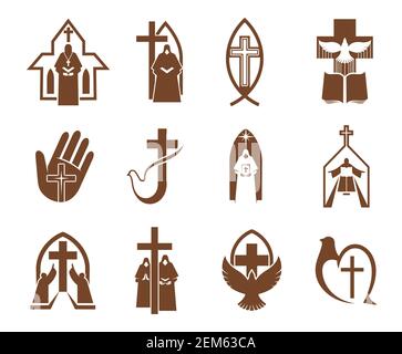 Jesus cross, Bible and dove icons of religion vector design. Christian and catholic churches, prayer, priest and angel, holy book, bird, crucifix and Stock Vector