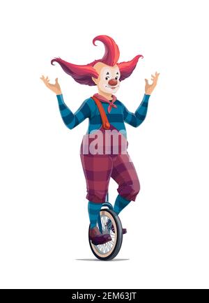 Big top circus cartoon clown on monocycle isolated vector icon. Smiling joker with crazy hairstyle in pants on suspenders and striped stockings. Jeste Stock Vector
