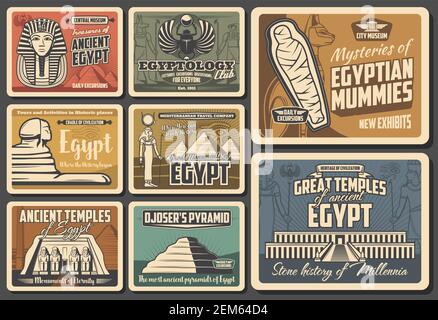 Ancient Egypt retro vector posters. Cairo pyramids travel, Egyptian mummies, Pharaoh mysteries. Egyptology exhibition and museum, god temples and monu Stock Vector