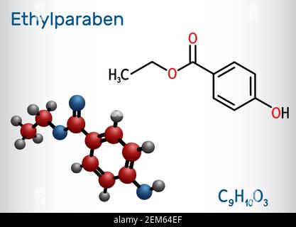 Ethylparaben, ethyl paraben, ethyl para-hydroxybenzoate molecule. It is ethyl ester, paraben, phytoestrogen, antifungal preservative, E214 Stock Vector