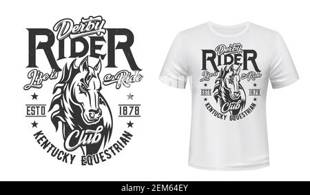 Horse stallion t-shirt print. Racing, equestrian sport club vector mascot. Mare animal, monochrome horse head and grunge typography on white apparel t Stock Vector