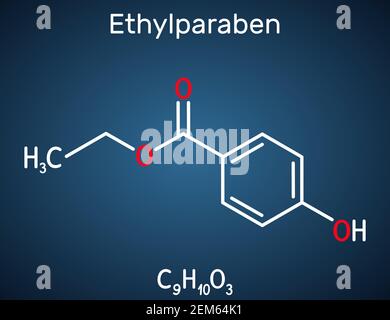 Ethylparaben, ethyl paraben, ethyl para-hydroxybenzoate molecule. It is ethyl ester, paraben, phytoestrogen, antifungal preservative, E214. Dark blue Stock Vector