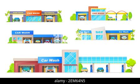 Car wash buildings isolated vector icons. Carwash stations with automatic and hand wash, service of cleaning transportation. Modern buildings with equ Stock Vector