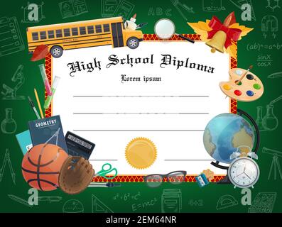 School diploma certificate vector template. Educational textbooks, yellow bus and bell, globe, alarm clock, tree leaves and sport ball front of green Stock Vector