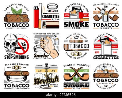 Cigars and cigarettes tobacco shop icons, hookah lounge bar vector sign. Stop smoking skull warning sign, premium quality Havana cigars and tobacco le Stock Vector