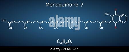 Menachinon-7, MK-7 molecule. It is vitamin K2, menaquinone. Structural chemical formula on the dark blue background Stock Vector