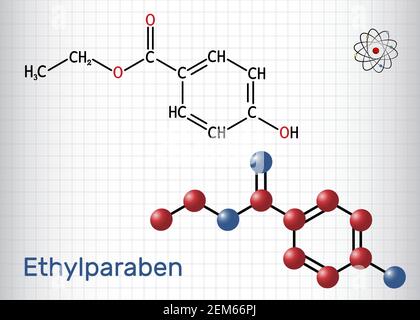 Ethylparaben, ethyl paraben, ethyl para-hydroxybenzoate molecule. It is ethyl ester, paraben, phytoestrogen, antifungal preservative, E214. Sheet of Stock Vector