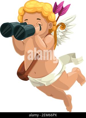 Amur winged boy in diaper isolated Cupid. Vector outline Eros with binoculars searching lovers Stock Vector