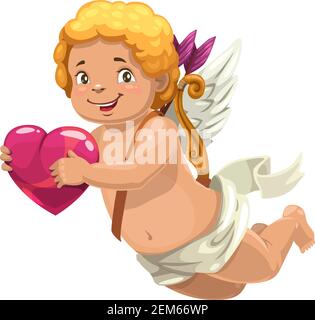 Romantic amur with bows and arrows on back isolated. Vector Cupid holds heart in hands Stock Vector