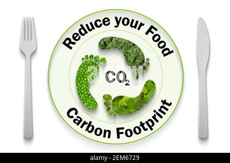 Reduce the carbon footprint of your food, foot icon on plate with cutlery, sustainable and ethical consumption Stock Photo