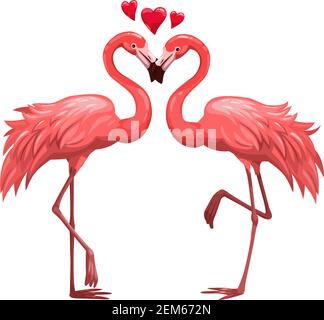 Pair of flamingos isolated birds. Vector pink flamingo in love, Valentines day animals couple Stock Vector