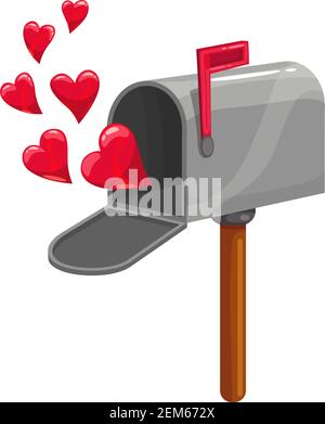 Open mailbox with hearts and red flag isolated. Vector post box, Valentines day letterbox Stock Vector