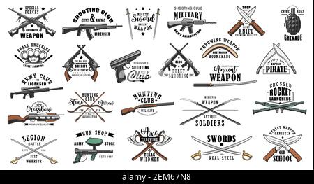 Guns and military weapon shop vector icons and symbols. Hunting ammunition rifles, crossbows and knives, saber and boomerang, brass knuckles, axe and Stock Vector