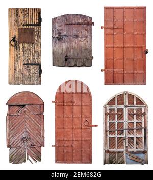 Set of closed old doors with rusty key isolated on white background with clipping path Stock Photo