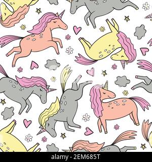 Childish vector seamless pattern with unicorns. Creative nursery background. Perfect for kids design, fabric, wrapping, wallpaper, textile, apparel. Stock Vector