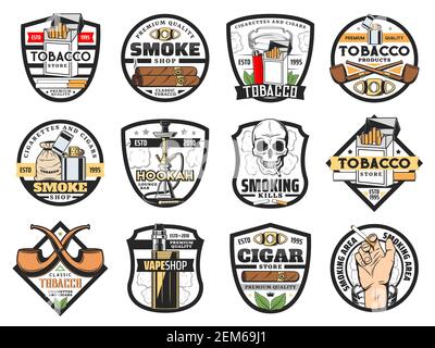 Tobacco store badges with vector cigarette packs, cigars and smoking pipes. Tobacco leaf, bag and smoking skull, ashtray, lighter and hookah, vape, sm Stock Vector