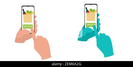 Set hands in gloves and without gloves order food through a smartphone. Order food online. isolated vector illustration Stock Vector