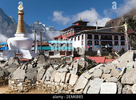 View of Tengboche monastery with stupa and prayer mani wall, Khumbu valley, Sagarmatha national park, Nepal Stock Photo