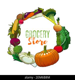 Farm vegetables and greenery frame of grocery store. Vector tomato and onion, radish, carrot and eggplant, cabbage, bean and broccoli, asparagus and p Stock Vector