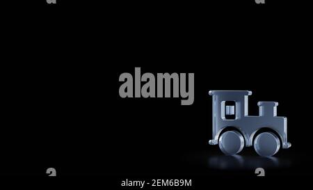 3d rendering of frosted glass symbol of toy train for children isolated on black background with blurry reflections on the floor Stock Photo