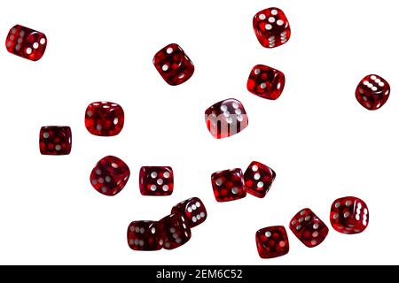 Many red dice flying on white background. Gambling concept. Stock Photo