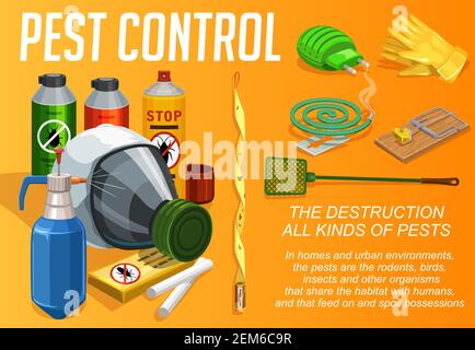 Pest control service, vector poster, domestic disinsection and extermination. Urabn deratization, cockroaches, bugs, ticks and sanitary disinfection, Stock Vector