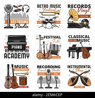 Music instrument sand vinyl records shop, vector icons. Folk and classic orchestra music festival, sound recording studio label, piano play school and Stock Vector