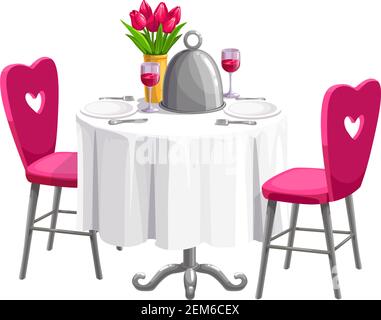 Romantic table served by plates, wineglasses and flowers isolated. Vector Valentines day dinner Stock Vector