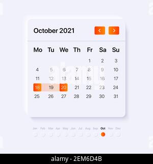 2021 October Calendar. Neumorphism UI Concept for mobile and web application. Material Design. Human Interface Guidelines. Vector illustration Stock Vector
