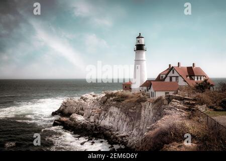 The Portland Head Lighthouse on a sunny fall day. Maine. Stock Photo